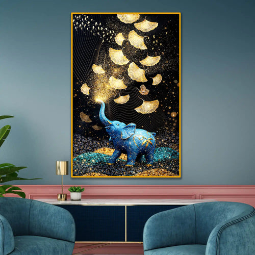 Blue Elephant with Gold Leaves Floating Frame Crystal Wall Painting