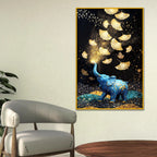 Blue Elephant with Gold Leaves Floating Frame Crystal Wall Painting