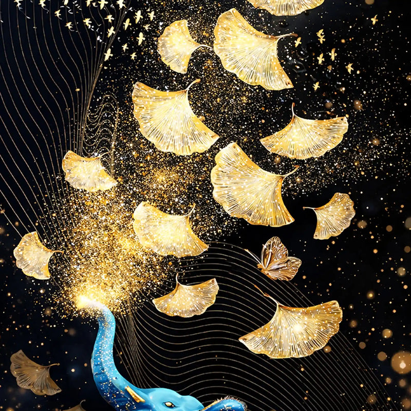 Blue Elephant with Gold Leaves Floating Frame Crystal Wall Painting