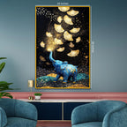 Blue Elephant with Gold Leaves Floating Frame Crystal Wall Painting