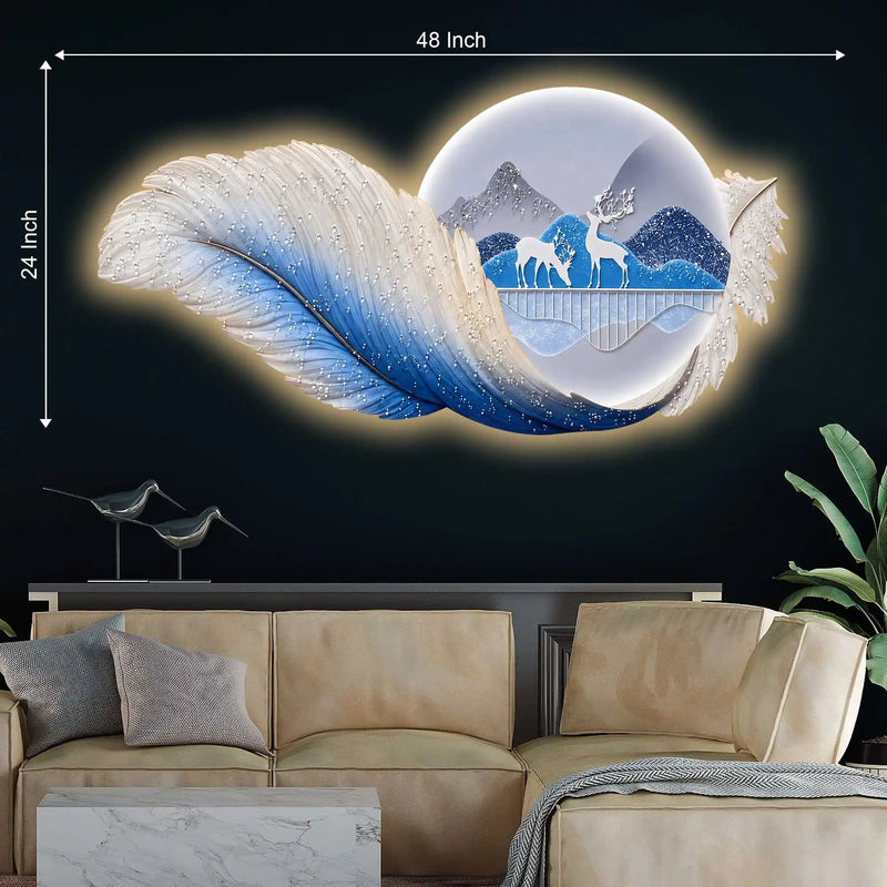 Blue Feather Deer Mountain Premium Crystal Glass Backlit LED Painting