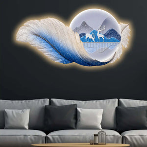 Blue Feather Deer Mountain Premium Crystal Glass Backlit LED Wall Art