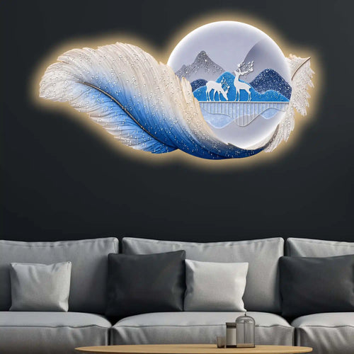 Blue Feather Deer Mountain Premium Crystal Glass Backlit LED Wall Art