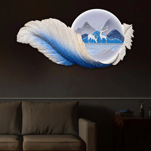 Blue Feather Deer Mountain Premium Crystal Glass Backlit LED Wall Art