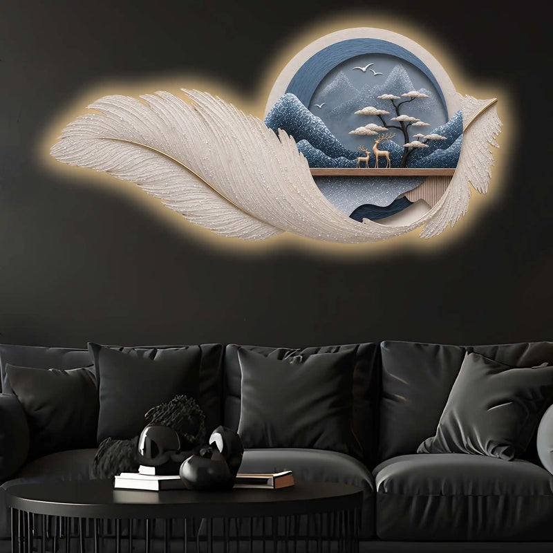 Blue Feather Mountain Deer Premium Crystal Glass Backlit LED Painting