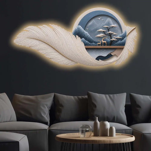 Blue Feather Mountain Deer Premium Crystal Glass Backlit LED Wall Art