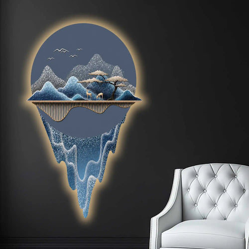 Blue Floating Mountain Reflection Premium Crystal Glass Backlit LED Wall Art