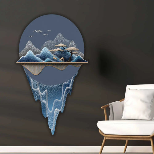 Blue Floating Mountain Reflection Premium Crystal Glass Backlit LED Wall Art