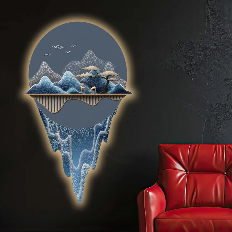 Blue Floating Mountain Reflection Premium Crystal Glass Backlit LED Wall Art