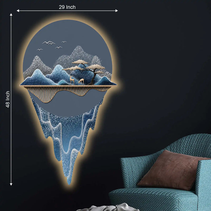 Blue Floating Mountain Reflection Premium Crystal Glass Backlit LED Wall Art