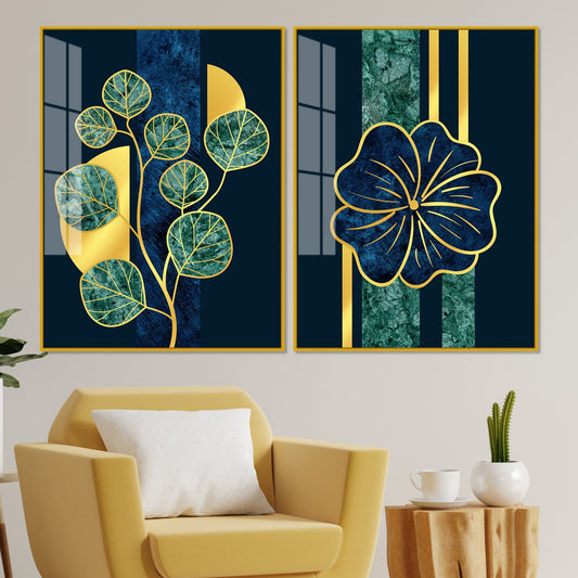 Blue Flower and Green Plant Acrylic Floating Wall Painting Set of 2