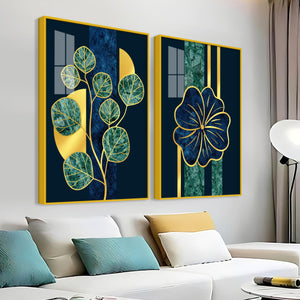 Blue Flower and Green Plant Acrylic Floating Wall Painting Set of 2