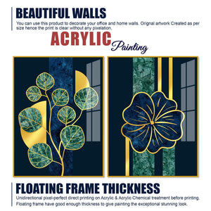 Blue Flower and Green Plant Acrylic Floating Wall Painting Set of 2