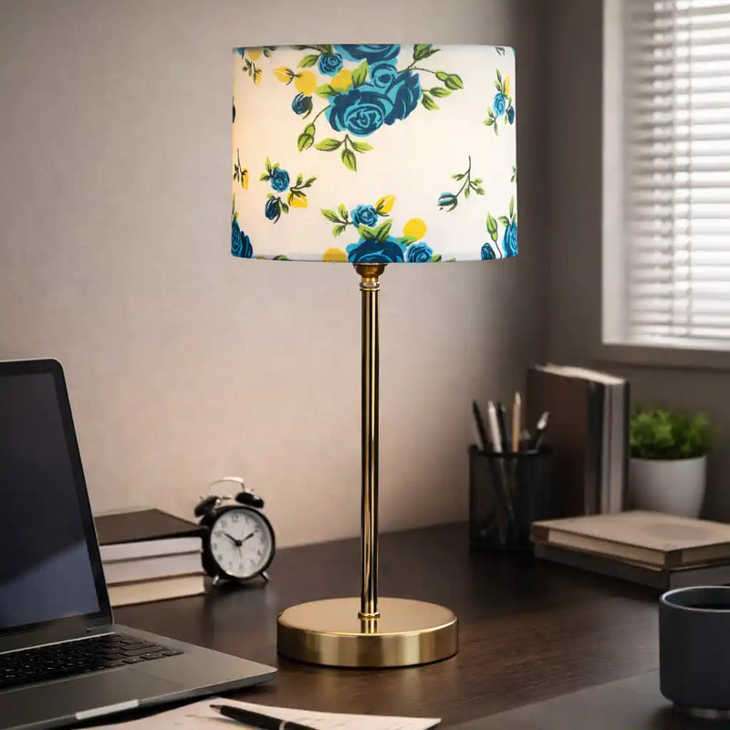Blue Flower Art Traditional Bedside Table Lamp with Golden Finish Base