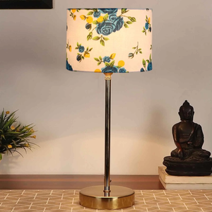 Blue Flower Art Traditional Bedside Table Lamp with Golden Finish Base