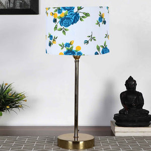 Blue Flower Art Traditional Bedside Table Lamp with Golden Finish Base