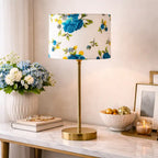 Blue Flower Art Traditional Bedside Table Lamp with Golden Finish Base