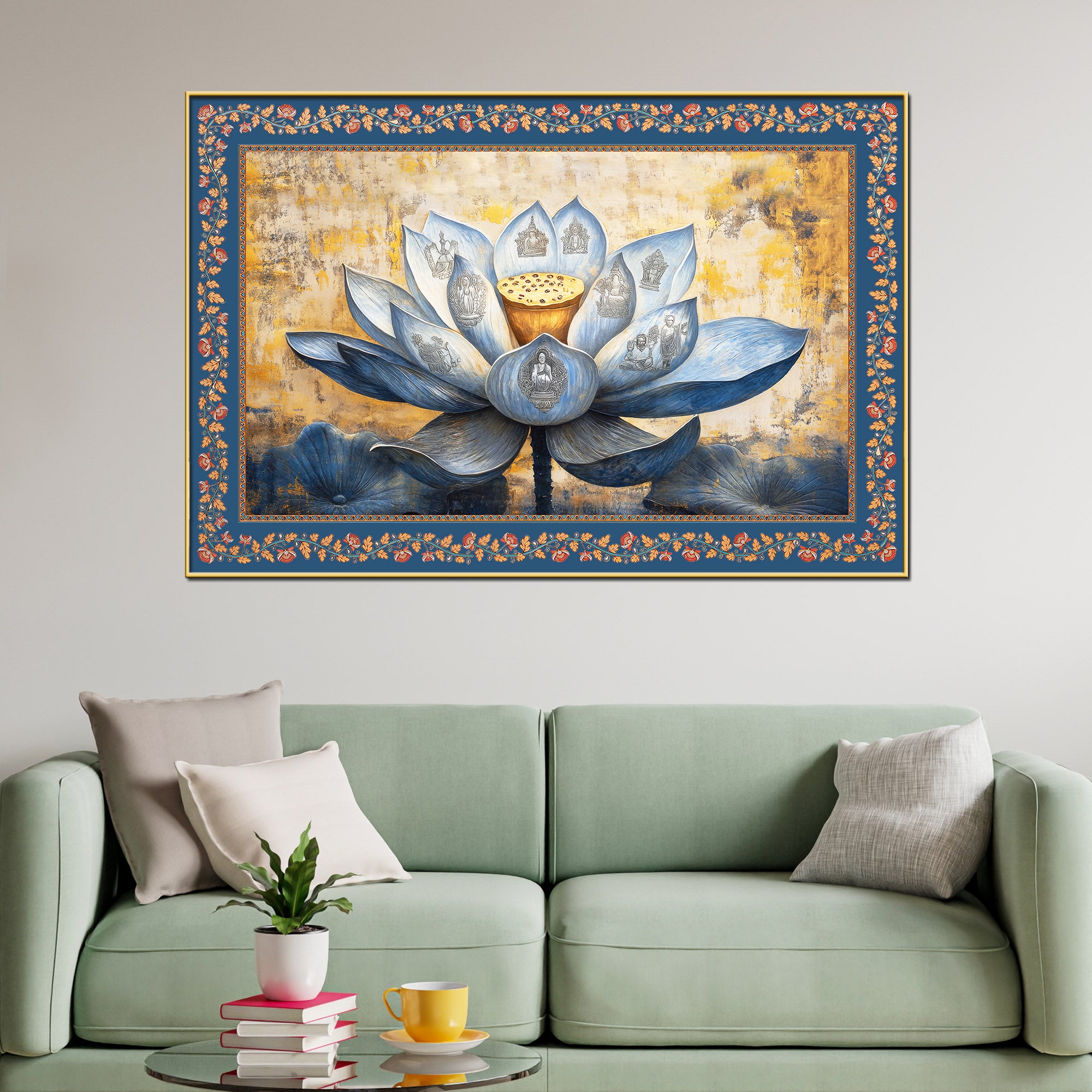 Blue Lotus Flower with Carved Figures Border Canvas Wall Painting