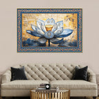 Blue Lotus Flower with Carved Figures Border Canvas Wall Painting