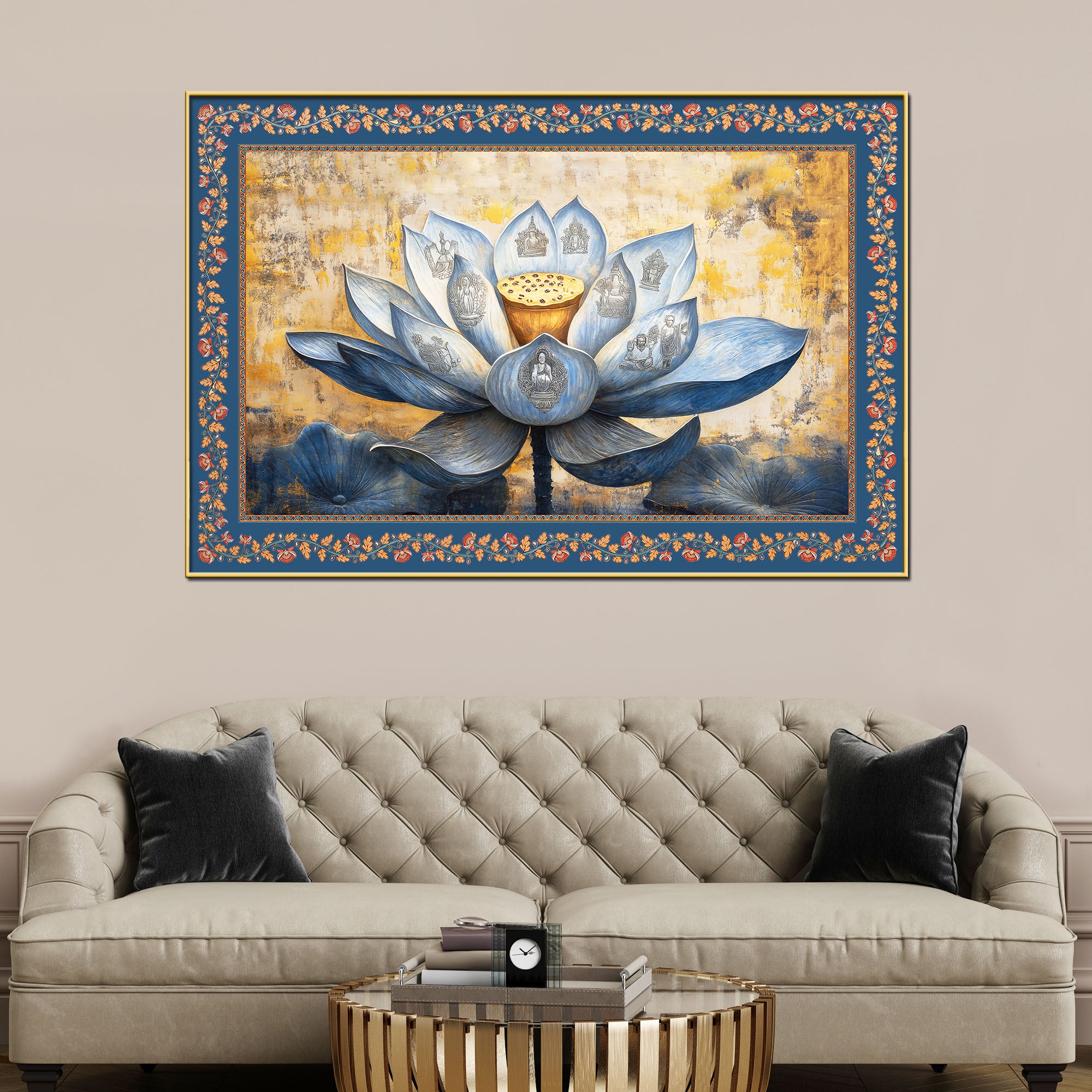 Blue Lotus Flower with Carved Figures Border Canvas Wall Painting