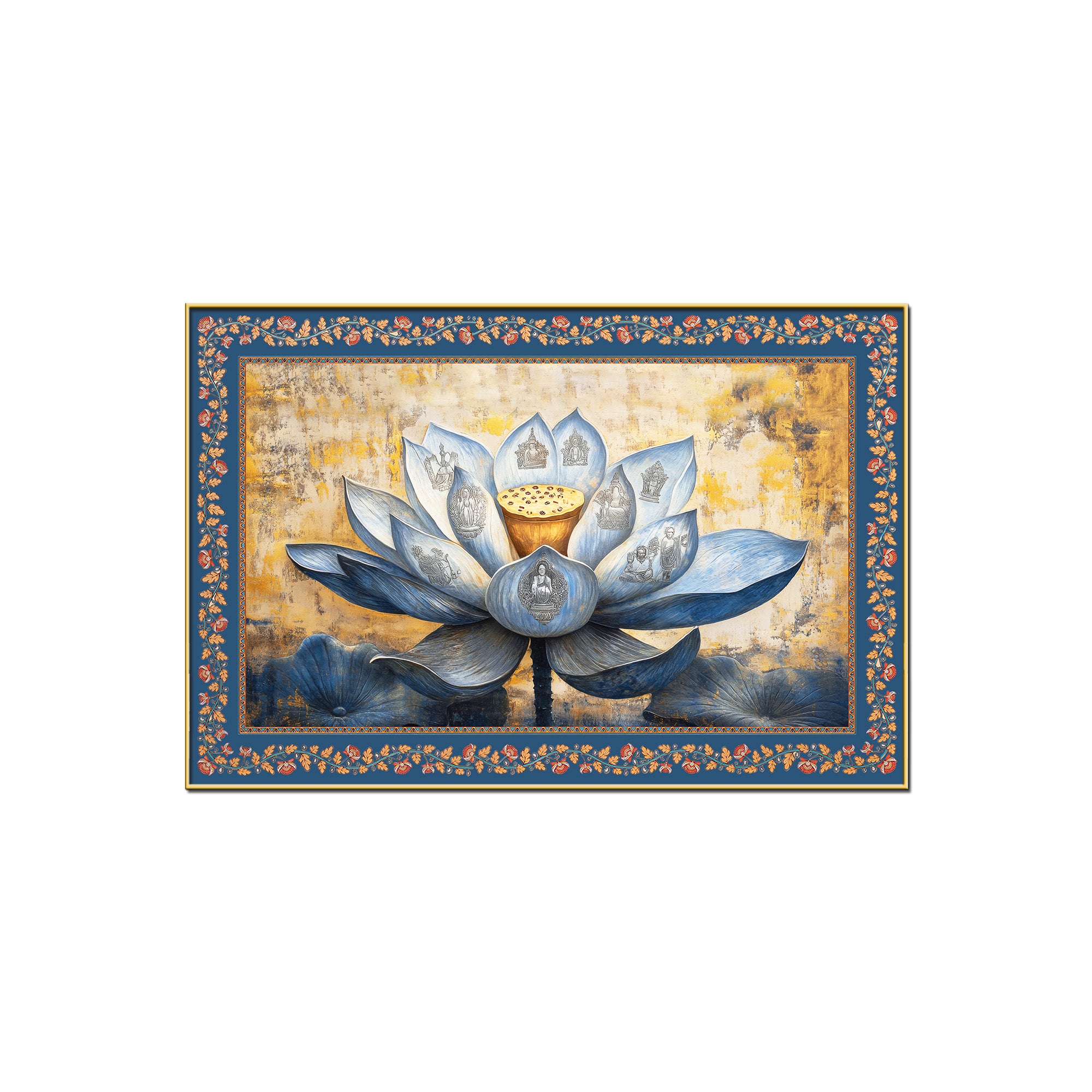 Blue Lotus Flower with Carved Figures Border Canvas Wall Painting