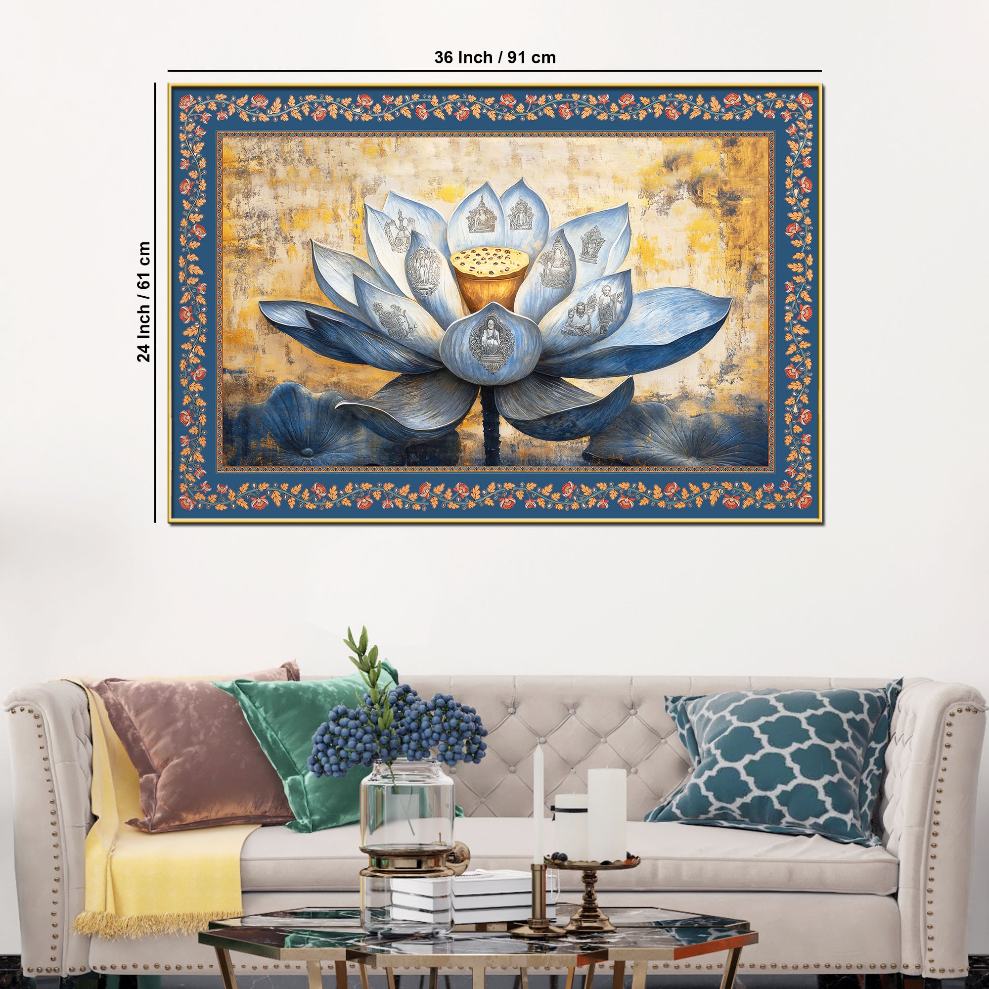 Blue Lotus Flower with Carved Figures Border Canvas Wall Painting