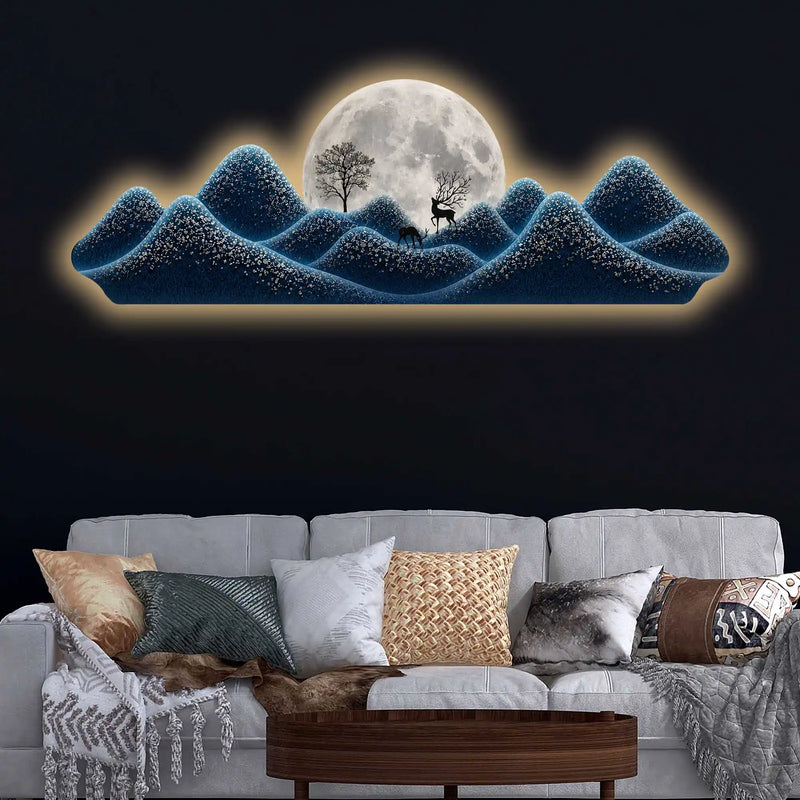 Blue Moonlit Peaks Premium Crystal Glass Backlit LED Painting
