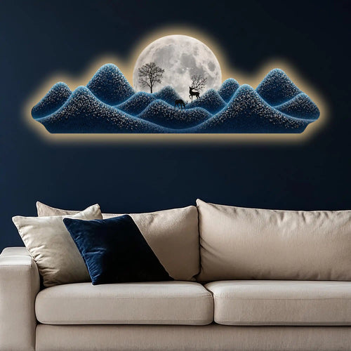 Blue Moonlit Peaks Premium Crystal Glass Backlit LED Wall Art