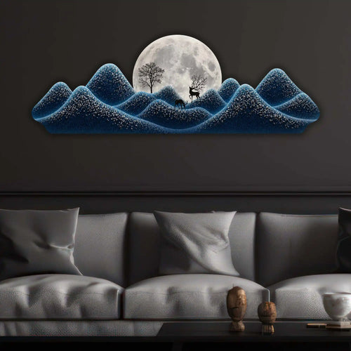 Blue Moonlit Peaks Premium Crystal Glass Backlit LED Wall Art