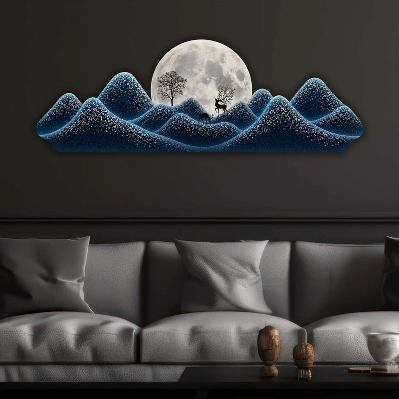 Blue Moonlit Peaks Premium Crystal Glass Backlit LED Wall Art