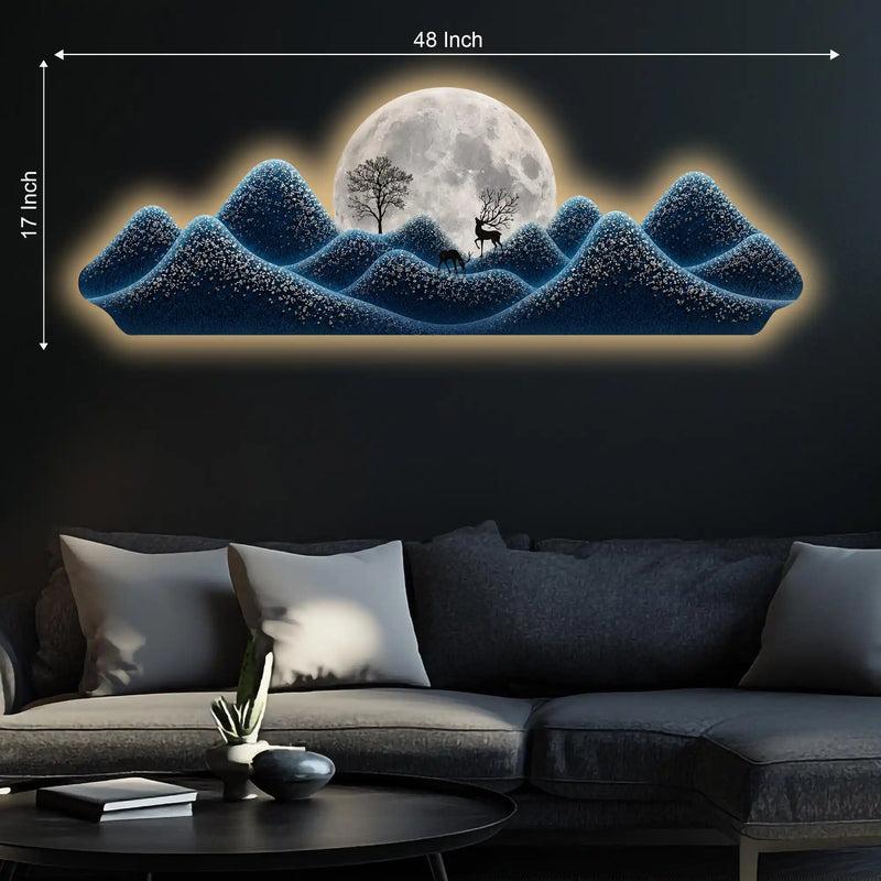 Blue Moonlit Peaks Premium Crystal Glass Backlit LED Wall Art