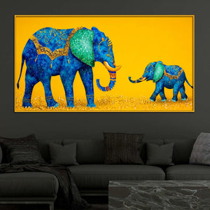 Blue Mother and Baby Elephant Floating Frame Crystal Wall Painting