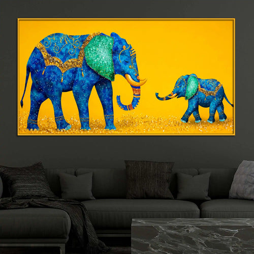 Blue Mother and Baby Elephant Floating Frame Crystal Wall Painting