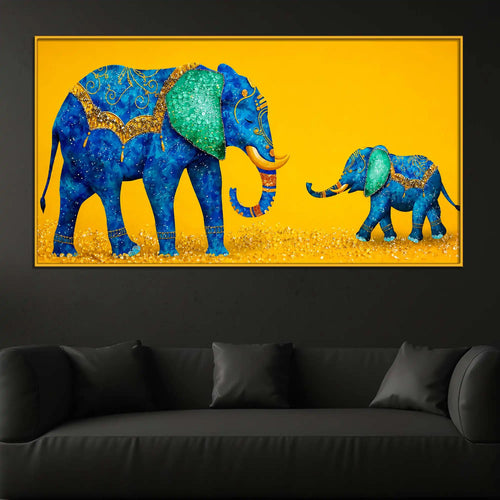 Blue Mother and Baby Elephant Floating Frame Crystal Wall Painting