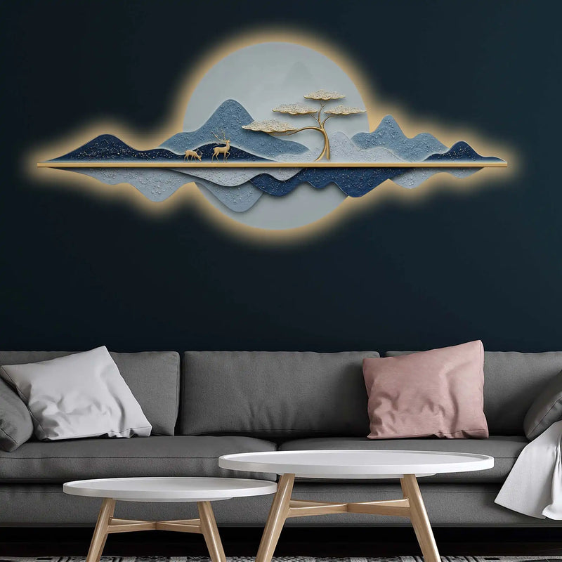 Blue Mountain Deer Tree Reflection Crystal Glass Backlit LED Painting
