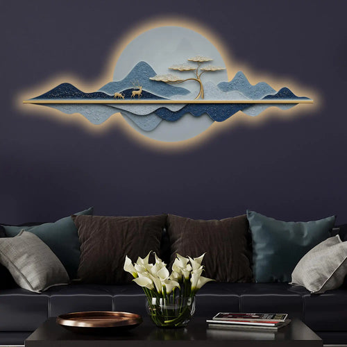 Blue Mountain Deer Tree Reflection Crystal Glass Backlit LED Wall Art