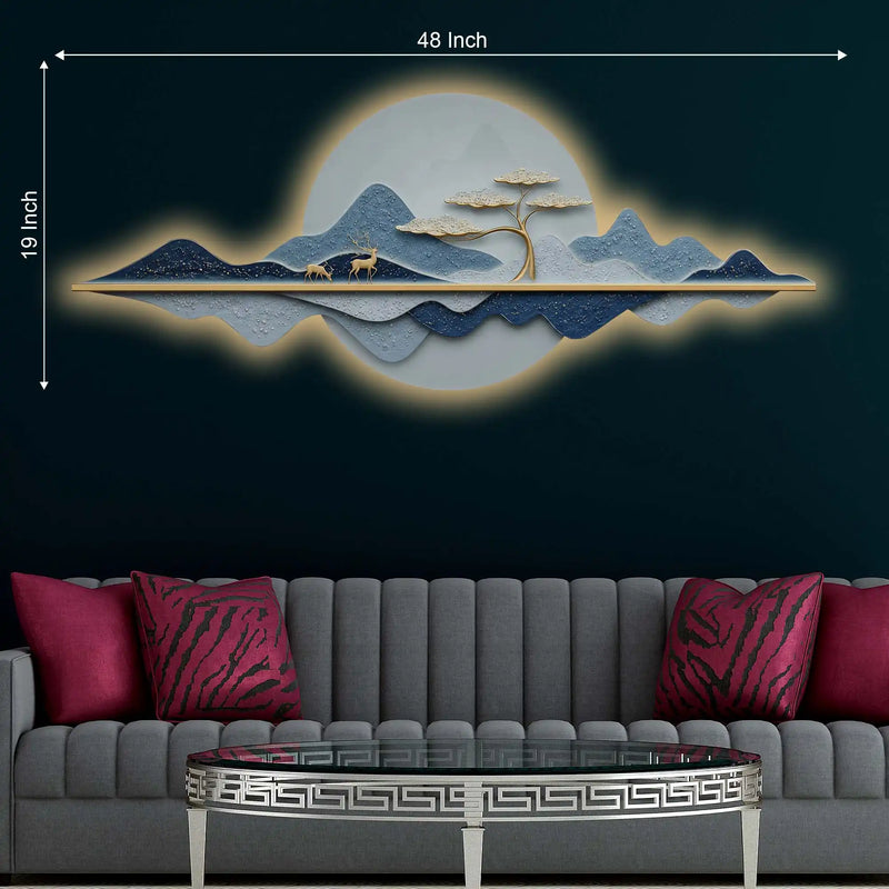Blue Mountain Deer Tree Reflection Crystal Glass Backlit LED Wall Art