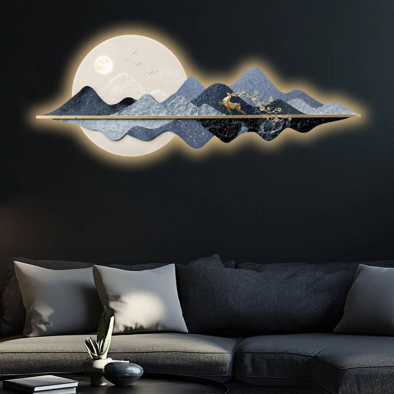 Blue Mountain Moonlight & Deer Crystal Glass Backlit LED Painting