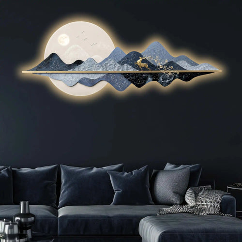 Blue Mountain Moonlight & Deer Crystal Glass Backlit LED Wall Art