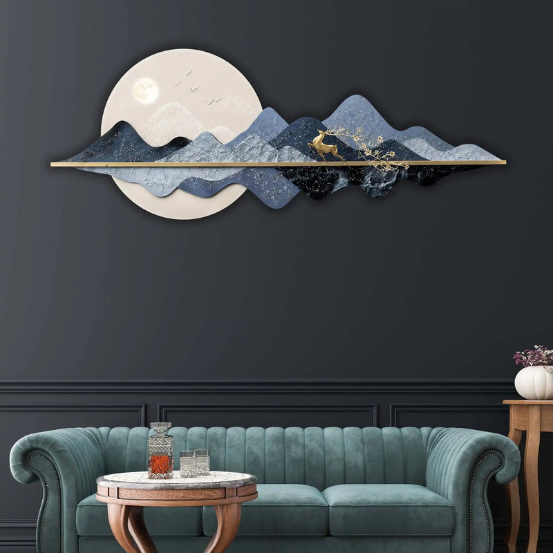 Blue Mountain Moonlight & Deer Crystal Glass Backlit LED Wall Art
