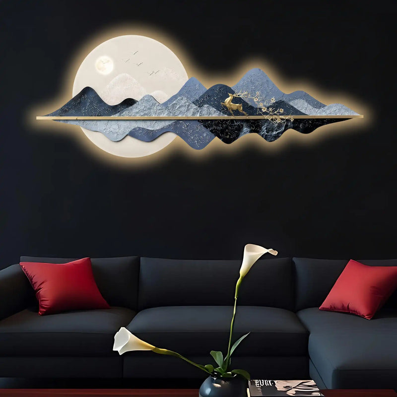 Blue Mountain Moonlight & Deer Crystal Glass Backlit LED Wall Art