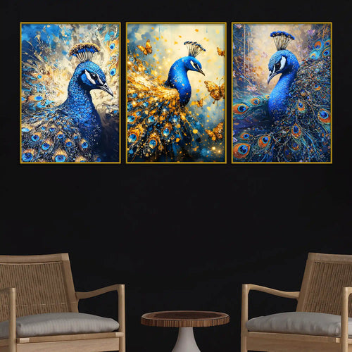 blue-peacock-with-gold-accents-floating-frame-crystal-wall-painting-set-of-3