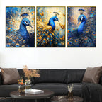 Blue Peacock with Gold Accents Floating Frame Crystal Wall Painting Set of 3