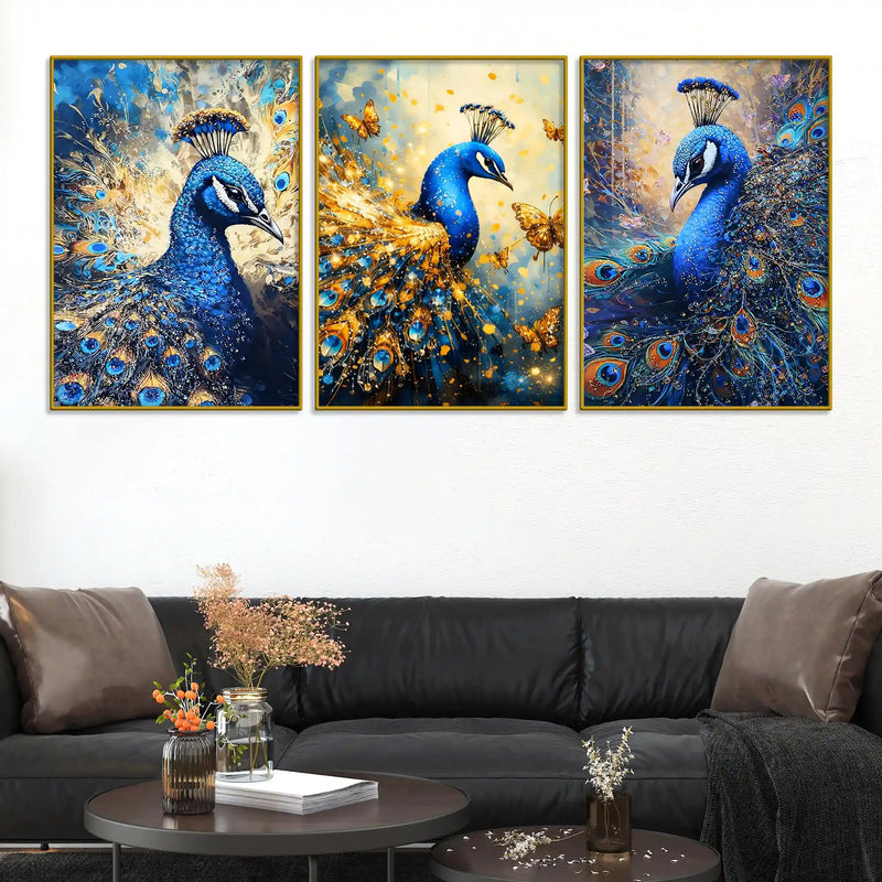 Blue Peacock with Gold Accents Floating Frame Crystal Wall Painting Set of 3