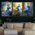 Blue Peacock with Gold Accents Floating Frame Crystal Wall Painting Set of 3