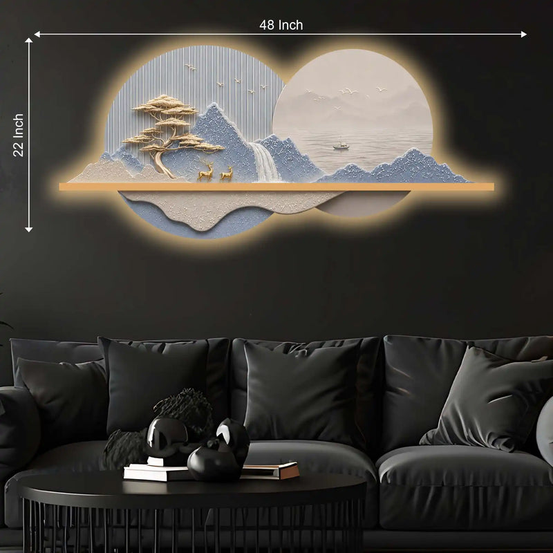 Blue Peaks & Waterfall Premium Crystal Glass Backlit LED Wall Art