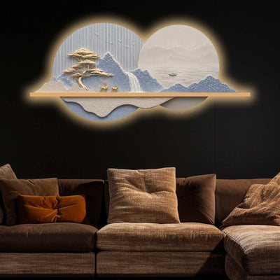 Blue Peaks & Waterfall Premium Crystal Glass Backlit LED Wall Art