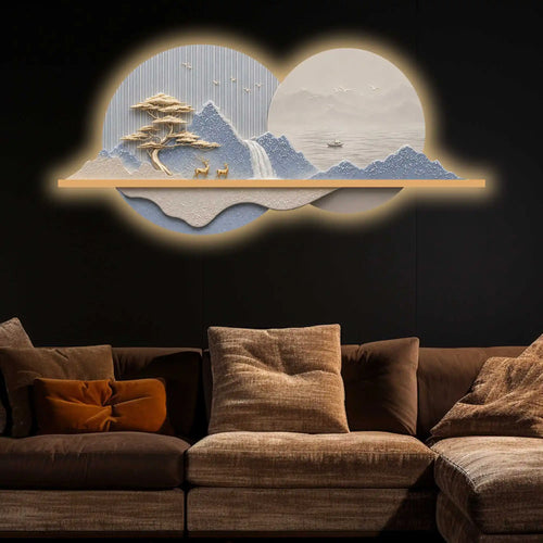 Blue Peaks & Waterfall Premium Crystal Glass Backlit LED Wall Art