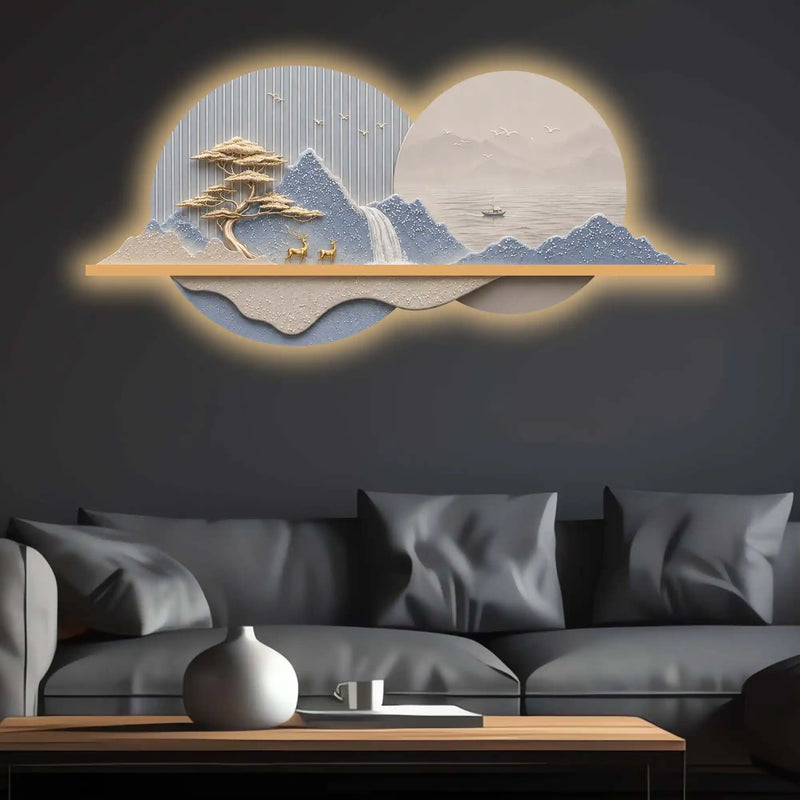 Blue Peaks & Waterfall Premium Crystal Glass Backlit LED Wall Art