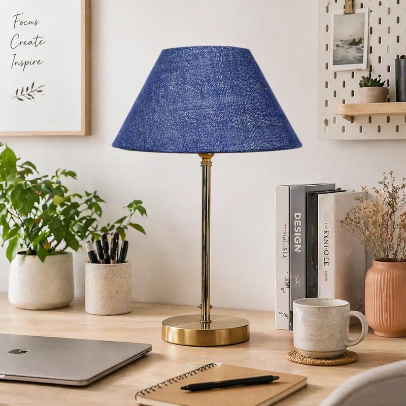Blue Solid Traditional Bedside Table Lamp with Golden Finish Base